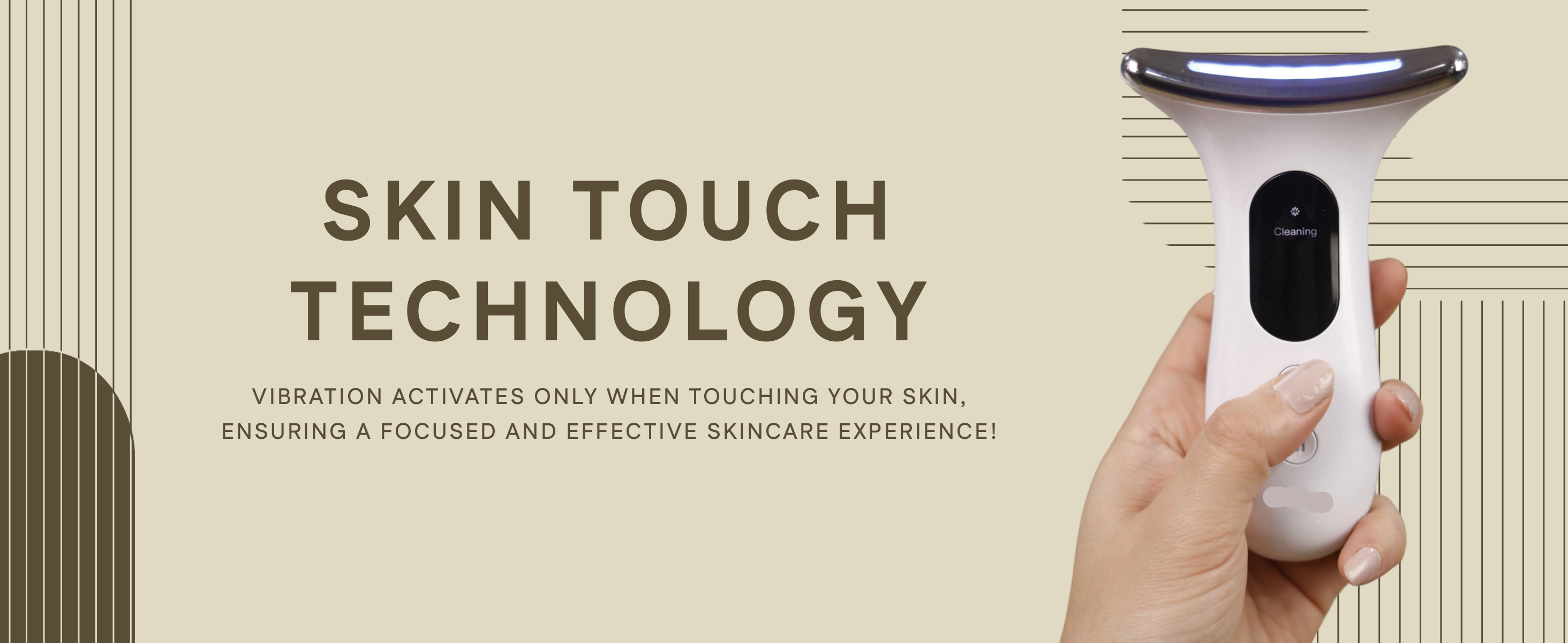 Hand holding a white electronic device with purple top, labeled 'Skin Touch Technology' on a beige background.