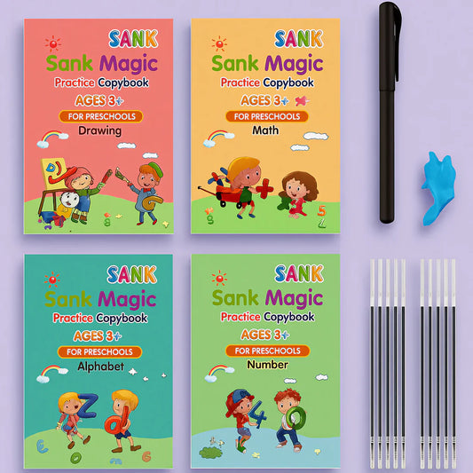 Vellora™ Magic Practice Copybook (4 Book Numbers, Alphabets, Maths and Drawing + 10 Refill)